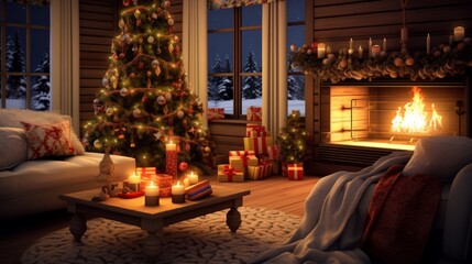 Fototapeta na wymiar Cozy Christmas evening in the living room with a fireplace and a Christmas tree decorated Cozy living room interior with large windows