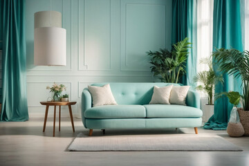 Fototapeta na wymiar Elegant contemporary living room interior decorated in cozy turquoise tones. home interior design of modern living room.