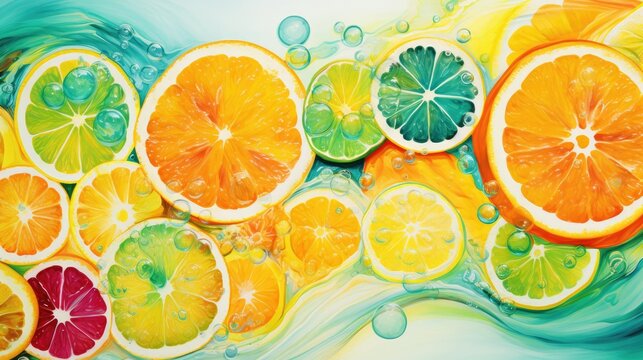  a painting of citrus fruit with bubbles and water on it.  generative ai