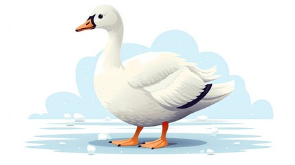  a white duck standing in the snow with its legs crossed.  generative ai