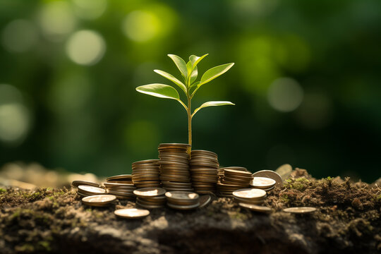 A tree growth on stack of gold coins in a forest with sunlight, growth profit and sustainable finance, Generative Ai