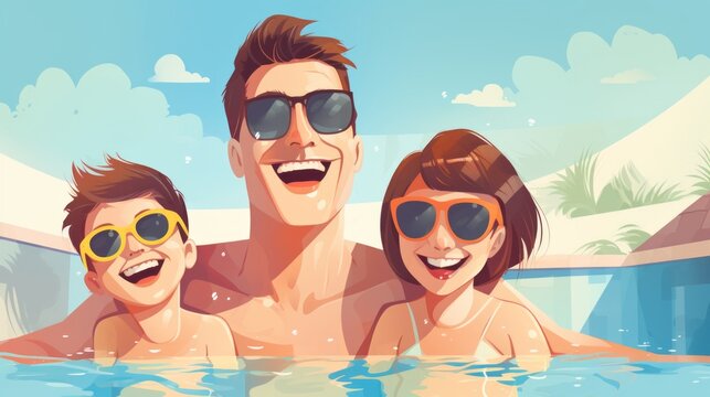 An illustration style character of Happy family swimming in pool on summer day.
