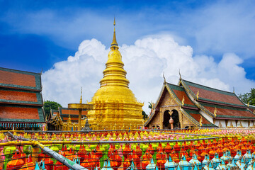Colorful Lamp Festival and Lantern in Loi Krathong at Wat Phra That Hariphunchai, Lamphun Province...