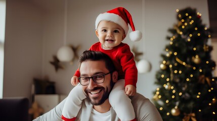 A child in a Santa hat sitting on the neck of a happy father, a Christmas holiday and a new year.