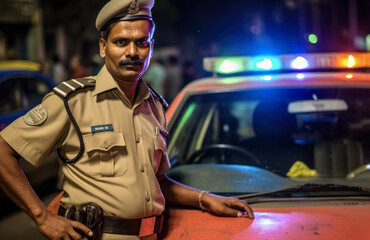 Indian man working as police officer or cop, closeup portrait standing next to his vehicle, blurred night city background. Generative AI