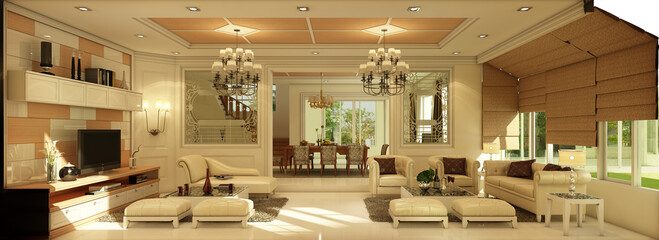 3d render illustration Interior design of the first floor house Of the big house there is a living room and a dining table. common point for everyone in the house