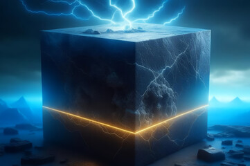 A stone figure with a hidden portal. Dark, gloomy background. Neon rays of electric charge. Fantasy. AI