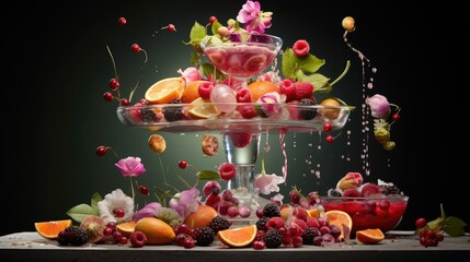 Obraz na płótnie Canvas a table topped with a cake covered in fruit and flowers. generative ai