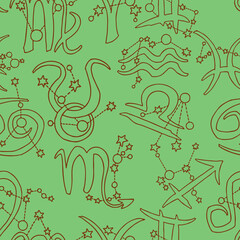 Zodiac horoscope seamless pattern for digital background, wrapping paper, textile print. Magic witch craft esoteric theme. Hand drawn illustration, retro vintage style drawing.