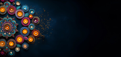 diwali background of top view of colorful diya lamps and rangoli patterns on a dark background