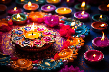 Fototapeta premium colorful diwali diya lamps and rangoli patterns in the dark