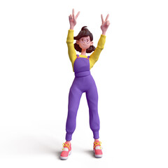 Cute kawaii excited colorful asian k-pop girl in fashion clothes purple overalls, yellow t-shirt raises hands up shows fingers peace sign, victory symbol, success. 3d render isolated transparent.
