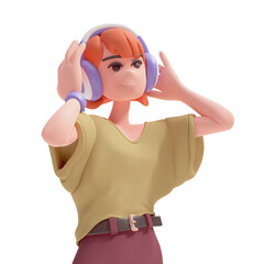 Cute kawaii funny asian red-haired k-pop music lover girl in green t-shirt, holds blue headphones with hands, listens her favorite songs, dances to rhythm, enjoys. 3d render isolated transparent.
