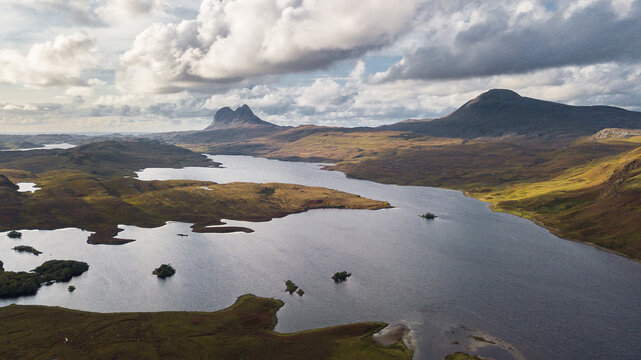 Aerial view on scottish highlands. Most iconic landscape on the planet globe. Lovely lakes, rivers and mountains.