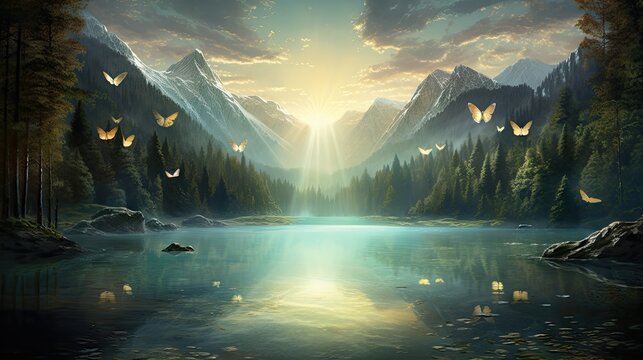  a painting of a lake surrounded by mountains and birds flying over it.  generative ai