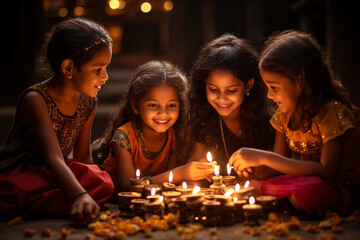 group of indian girls lighting candles and diya lamps for diwali 