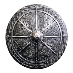 A round metallic knight's shield with ornaments and embellishments, isolated as a PNG.