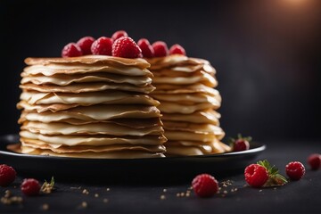 A Crepe Cake or Pancake Adorned with Raspberries, Presented on a Black Background with Ample Space for Text or Copy Space