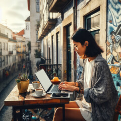 Nomadic woman working remotely, on city Lisbon, Portugal  - obrazy, fototapety, plakaty