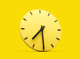 3d Simple Yellow Round Wall Clock 7:30 Seven Thirty Half Past 7 On Yellow Background 3d illustration