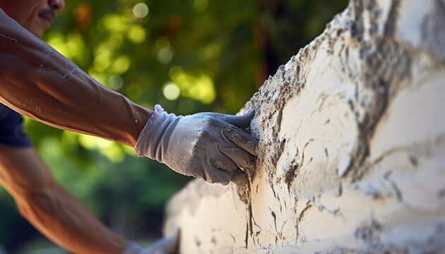 Building Tomorrow: The Precision of a Worker's Hand Spreading Cement for a Sturdy Foundation