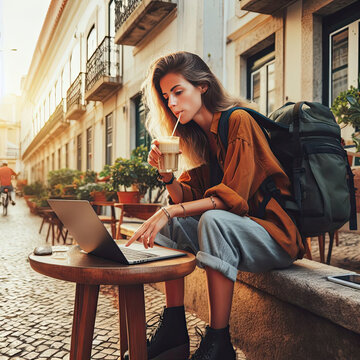 Nomadic woman working remotely, on city Lisbon, Portugal, lifestyle concept, generative ai