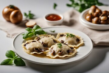 A Delightful Plate of Mushroom Ravioli, Skillfully Arranged on a White Plate, Promising a Gastronomic Journey Through Layers of Flavor and Texture