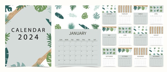 2024 table calendar week start on Sunday with leaf, safari that use for vertical digital and printable A4 A5 size