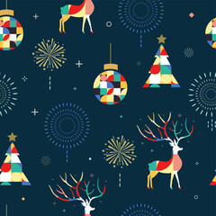 Christmas seamless pattern with firework,tree,reindeer.Editable vector illustration for graphic design