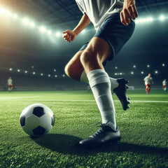 Naklejka premium close-up photo of a professional soccer player playing football on a green grass pitch at a big stadium.