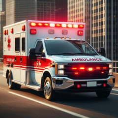 a medical emergency ambulance car driving with red lights on through the city on a road in the day time.