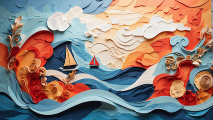 Abstract backdrop inspired by the maritime world, with waves, sails, and nautical elements.