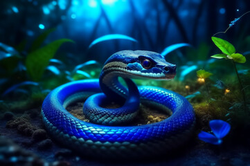 Fototapeta premium Fantastic snake, cobra. Jungles. Dark forest. AI.