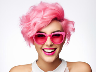 Fototapeta na wymiar Young woman with pink hair. Portrait of beautiful female smiling and relaxing.