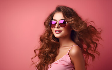 Fototapeta premium Young beautiful woman wearing eyeglasses with long hair is having fun on pink background 