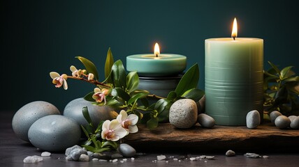 Hot stones, a green leaf, and a white candle make up this spa arrangement..