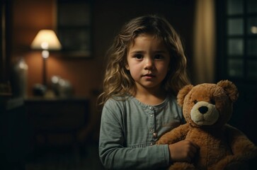Lonely child hugging a teddy bear looking at camera, home alone, waiting for parents, coping with family troubles.