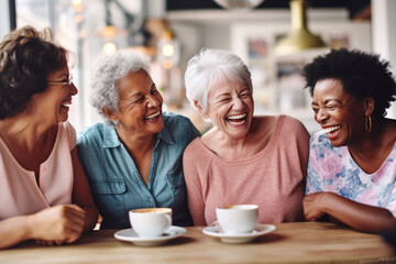 Happy smiling middle aged female friends sitting in a café laughing and giving support each other. They are celebrate a long friendship - obrazy, fototapety, plakaty