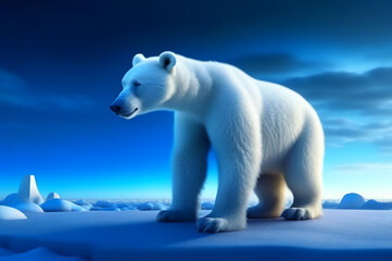 Fototapeta premium A white bear cub on an ice floe. Background zone of the Arctic desert. AI