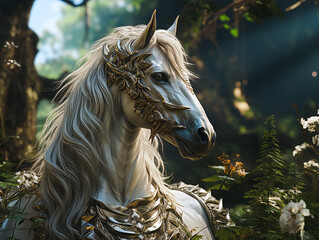 Fairytale white horse in a mysterious forest. 