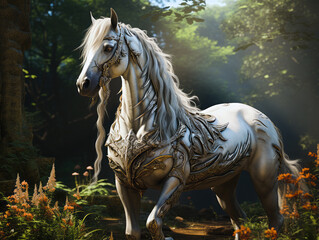 Fairytale white horse in a mysterious forest.
