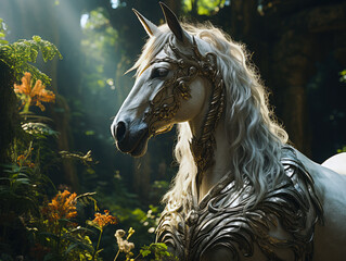Fairytale white horse in a mysterious forest. 