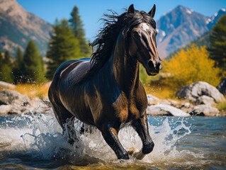 A black horse gallops on water in a mountainous area. 