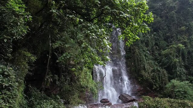 A cinematic drone view of a mesmerising waterfall amidst dense forest in spring