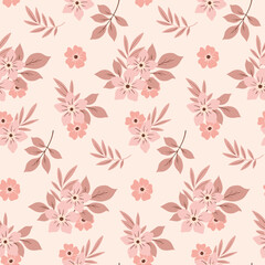 Seamless floral pattern, delicate ditsy print with vintage rustic motif. Gentle botanical design in one color: small hand drawn flowers, leaves in bouquets on a light background. Vector illustration.