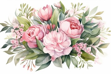 Pink floral bouquet with green leaves, ideal for weddings and greetings. Generative AI