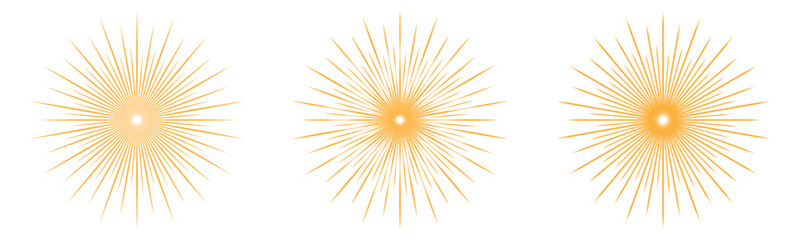 Fototapeta premium Set of golden sunburst burst. Bursting golden sun rays. Fireworks. Logotype or lettering design element. 