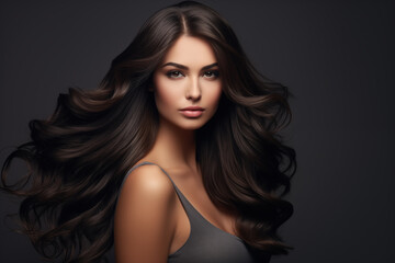 Naklejka premium Beautiful woman with flowing brown hair posing on a dark background