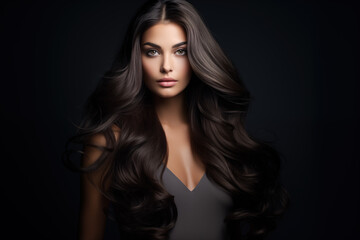 Fototapeta na wymiar Beautiful woman with flowing brown hair posing on a dark background