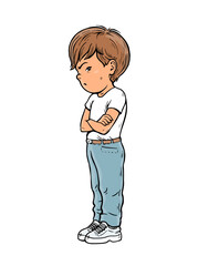 Offended little boy. Stubborn pose. Negative emotion. Dissatisfied child. Cartoon vector illustration isolated on white background. Hand drawn line